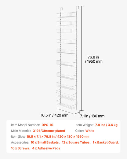 Heavy-Duty Steel 6/8/9/10 Tier Over the Door Pantry Organizer