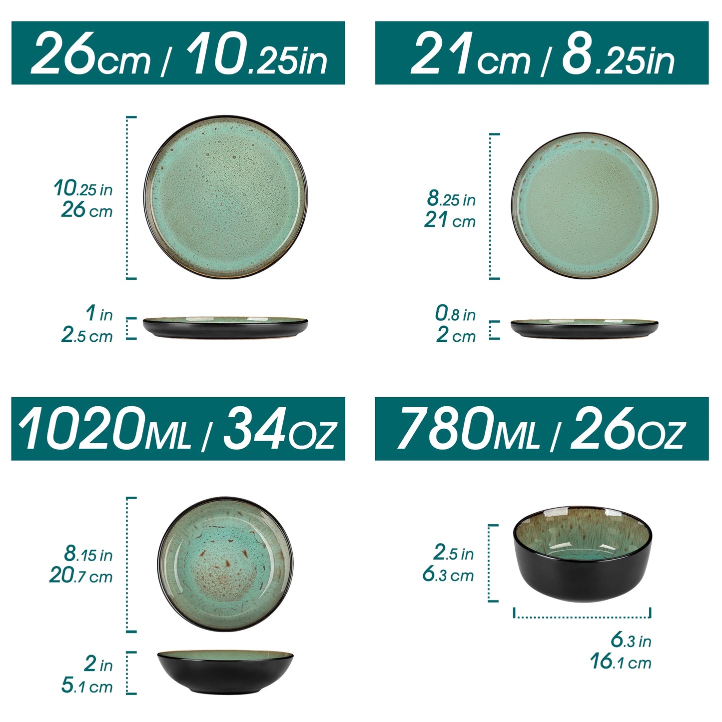 12/16 Piece Matte Black Stoneware Plats Set