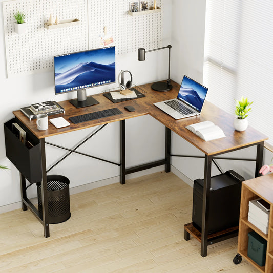 Wooden Corner Table with CPU Storage Shelf & Side Bag