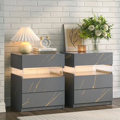 Bedside Tables Set with LED Lighting & 3 Drawers