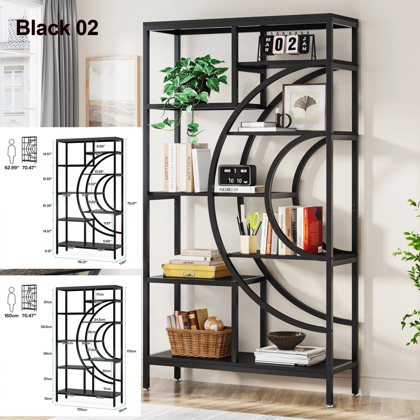Elegant Geometric 5 Tier Bookshelf with Open Display Shelves