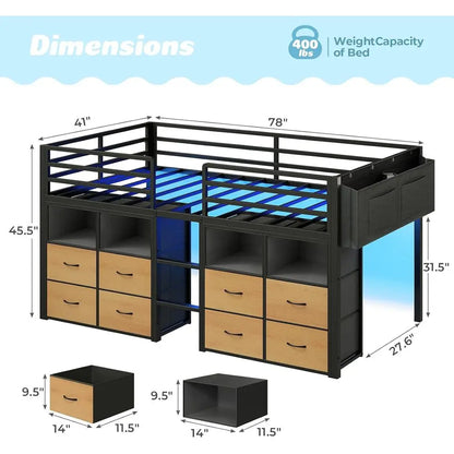 Low Loft Bed, Twin Size with Storage Drawers, Bookcase & LED Lights