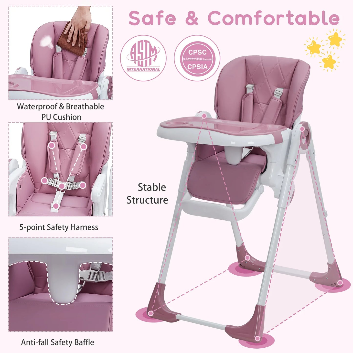 Foldable Infant High Chair with Adjustable Height and Recline