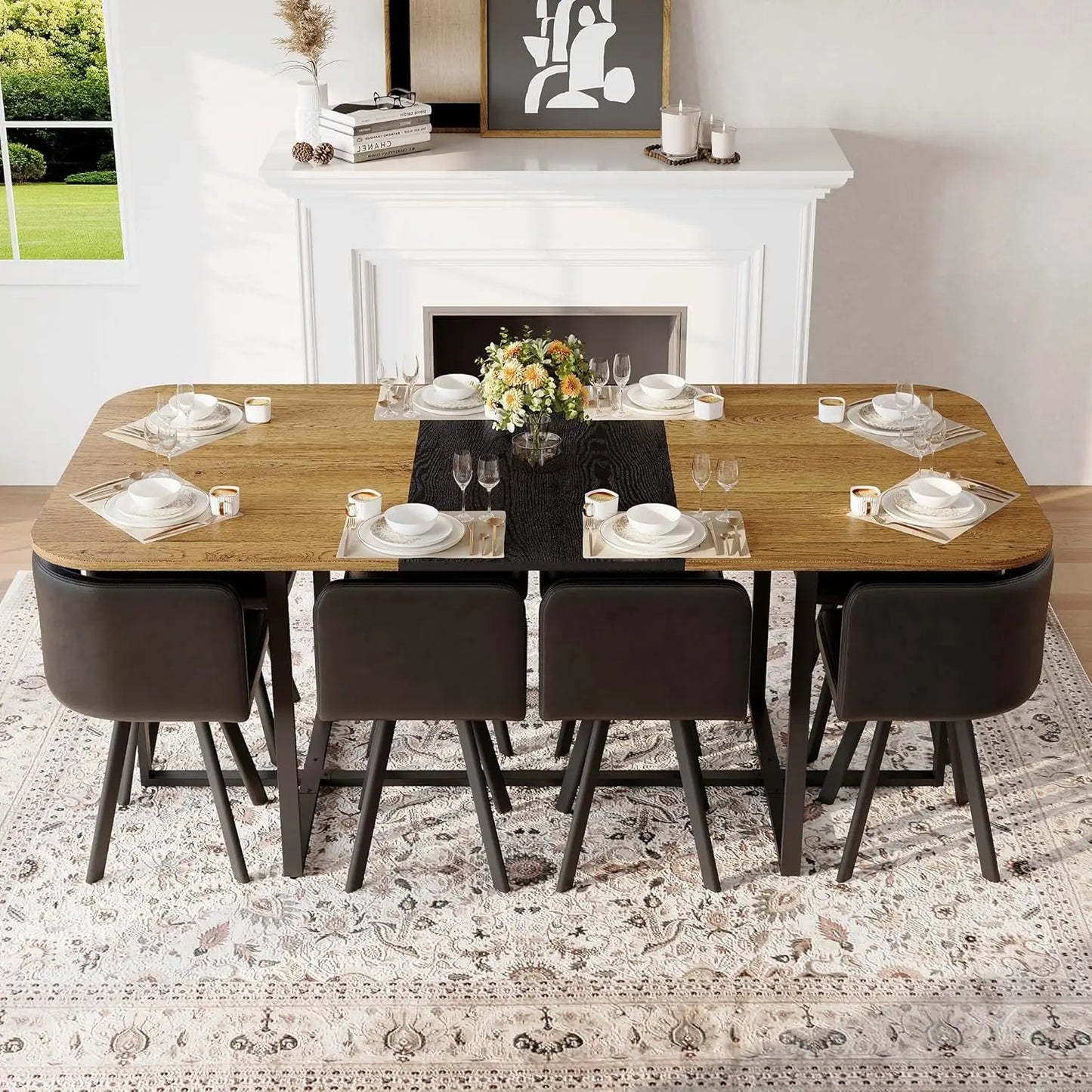 9-Piece Space-Saving Two-Tone Wood Grain Dining Table Set