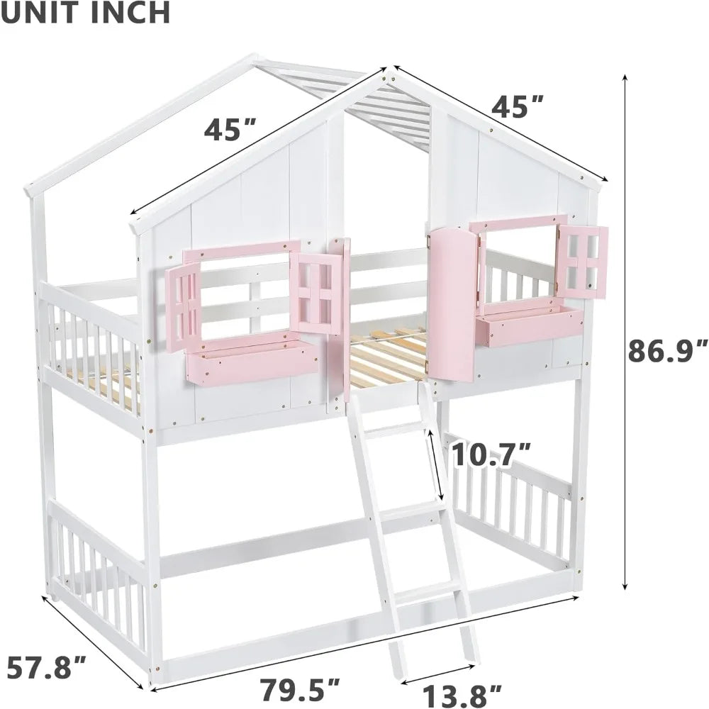 Floor House Bunk Bed with Roof and Window