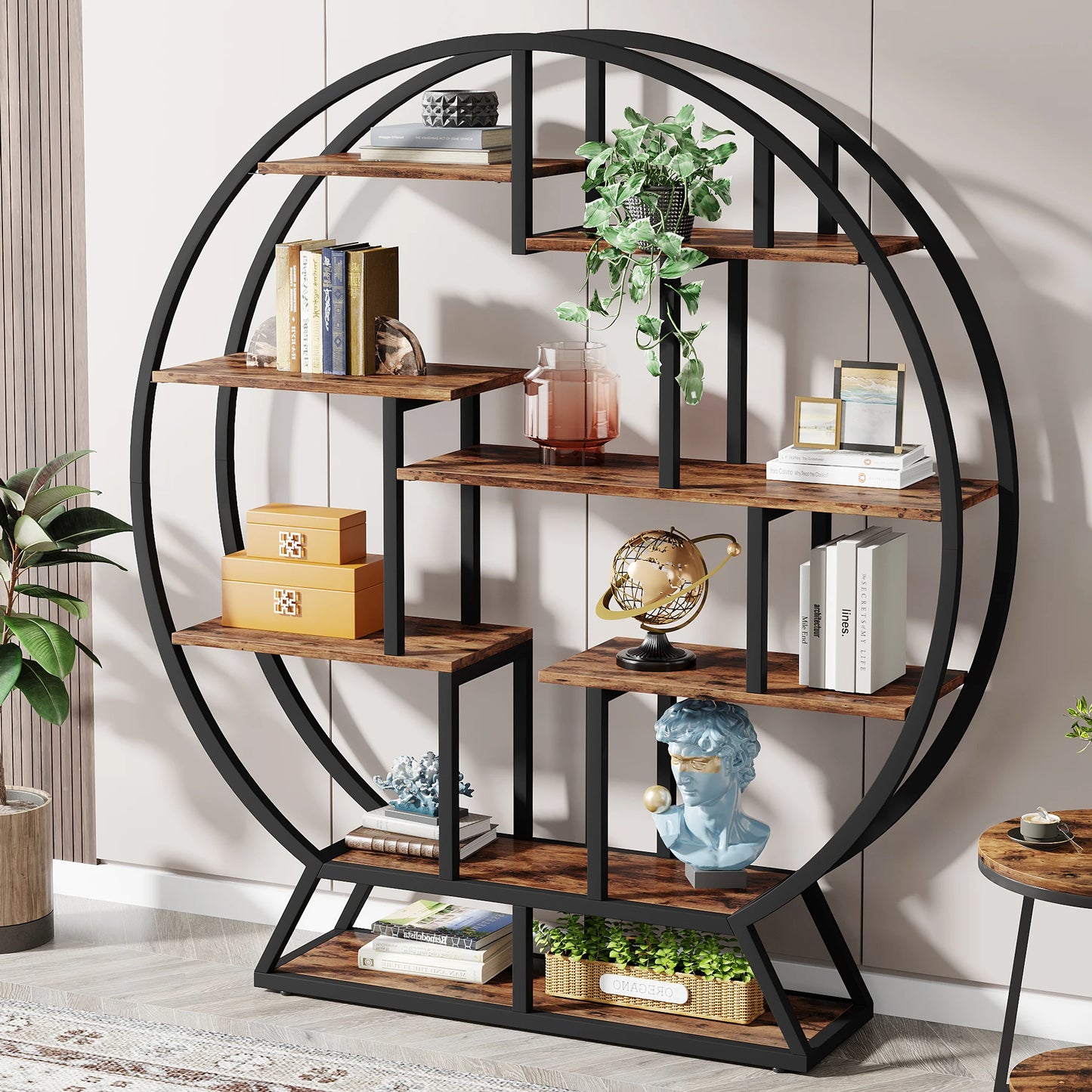 63-Inch Round Wood Bookshelf with Staggered Shelves