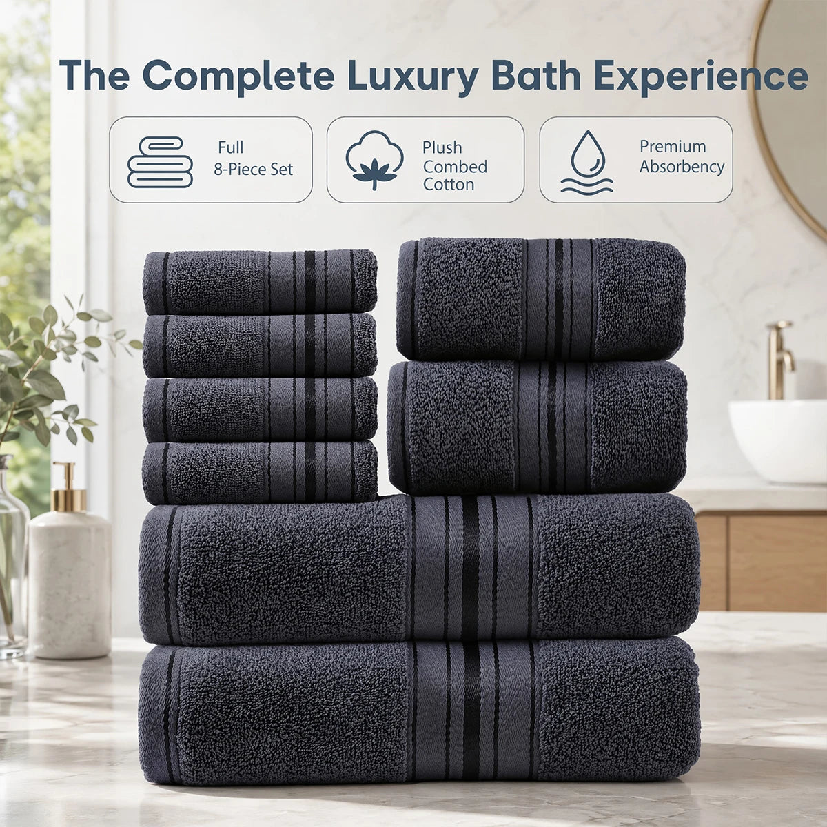 8 Piece Luxury Towel Set –Plush, Super Absorbent & Quicker-to-Dry