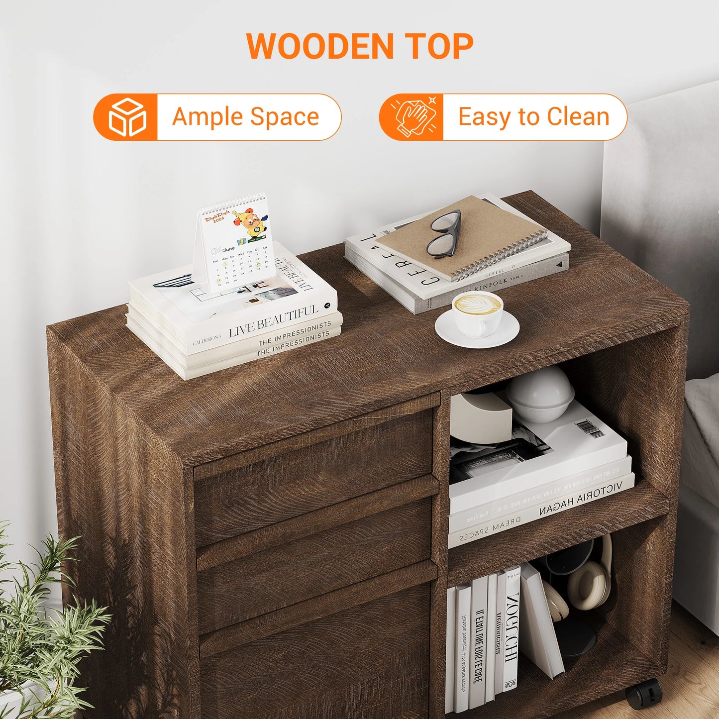 Rolling 3 Drawer Wood File Cabinet with Open Storage Shelves