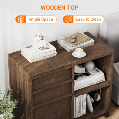 Rolling 3 Drawer Wood File Cabinet with Open Storage Shelves