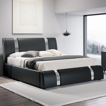 Faux Leather Bed Frame with Iron Pieces Decor & Low Platform