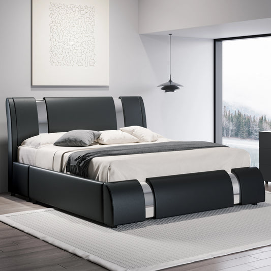 Faux Leather Bed Frame with Iron Pieces Decor & Low Platform