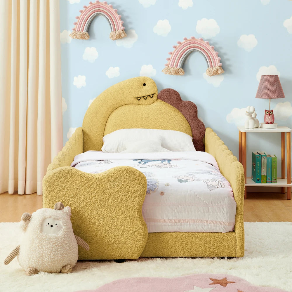 Twin Size Cute Dinosaur-Shaped Kids Bed with Safety Guardrails