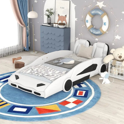 Leather Upholstered Twin Size Race Car Platform Bed with Wheels