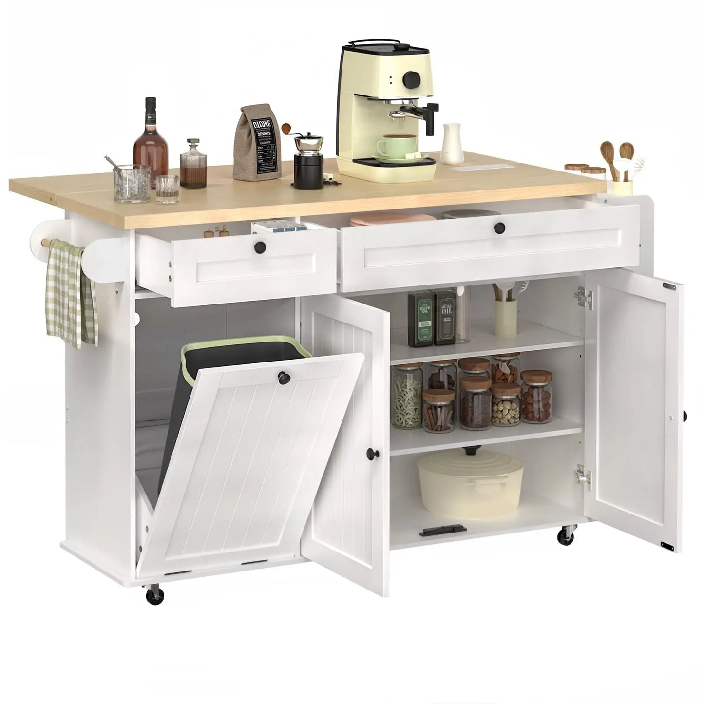 60" Rolling Kitchen Island with Drop-Leaf & Trash Bin