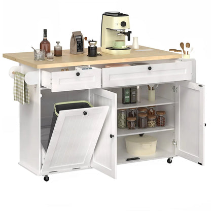 60" Rolling Kitchen Island with Drop-Leaf & Trash Bin