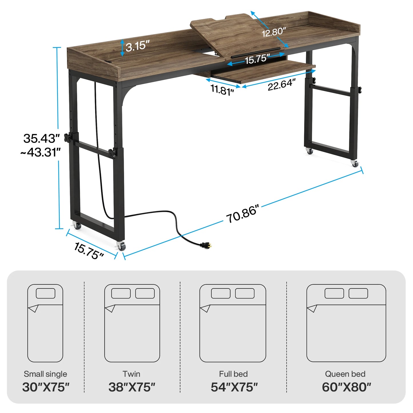 Queen Size Over Bed Desk with Adjustable Tilt Stand & Wheels