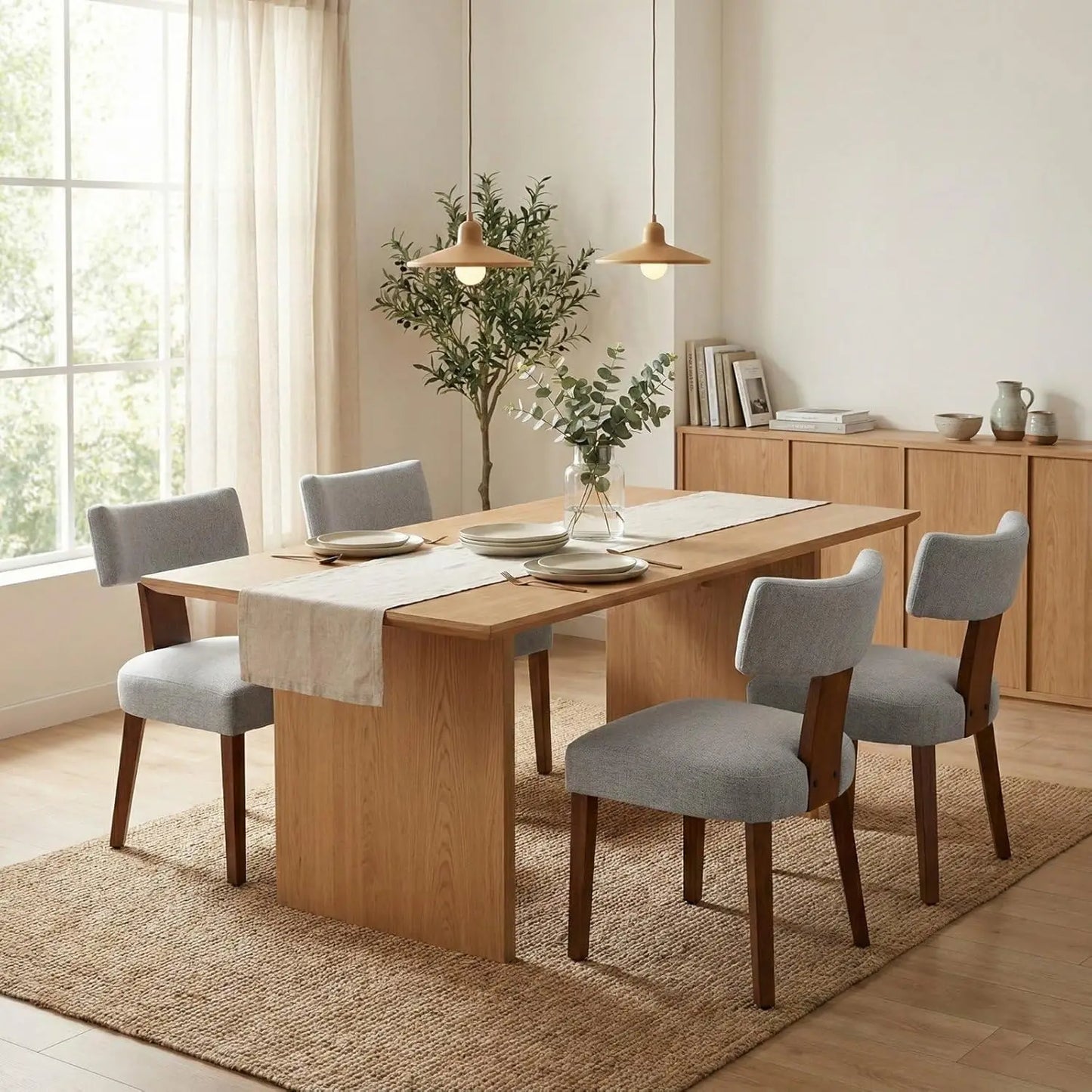 Set of 4 Mid-Century Fur Fabric Dining Chairs with Curved Backrest & Wood Legs