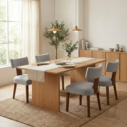 Set of 4 Mid-Century Fur Fabric Dining Chairs with Curved Backrest & Wood Legs