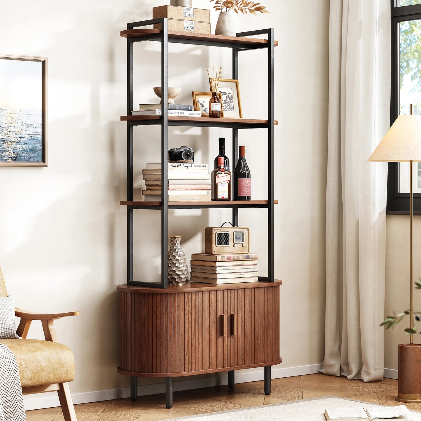 71" Tall, 4-Tier Bookshelf with Storage Cabinet