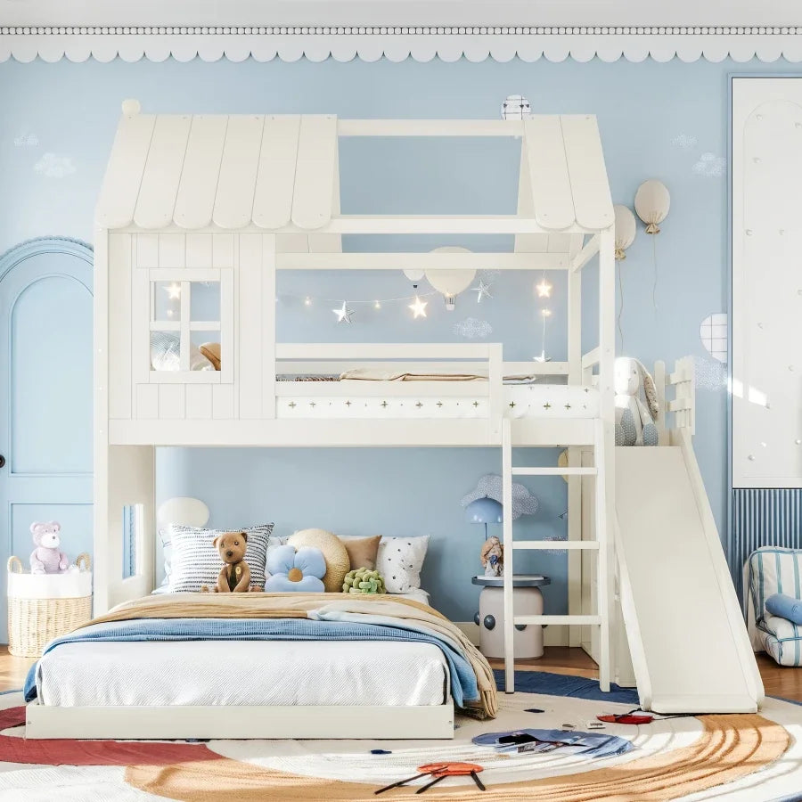 Twin over Full House Bunk Bed with Ladders and Slide