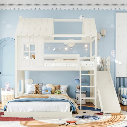Twin over Full House Bunk Bed with Ladders and Slide