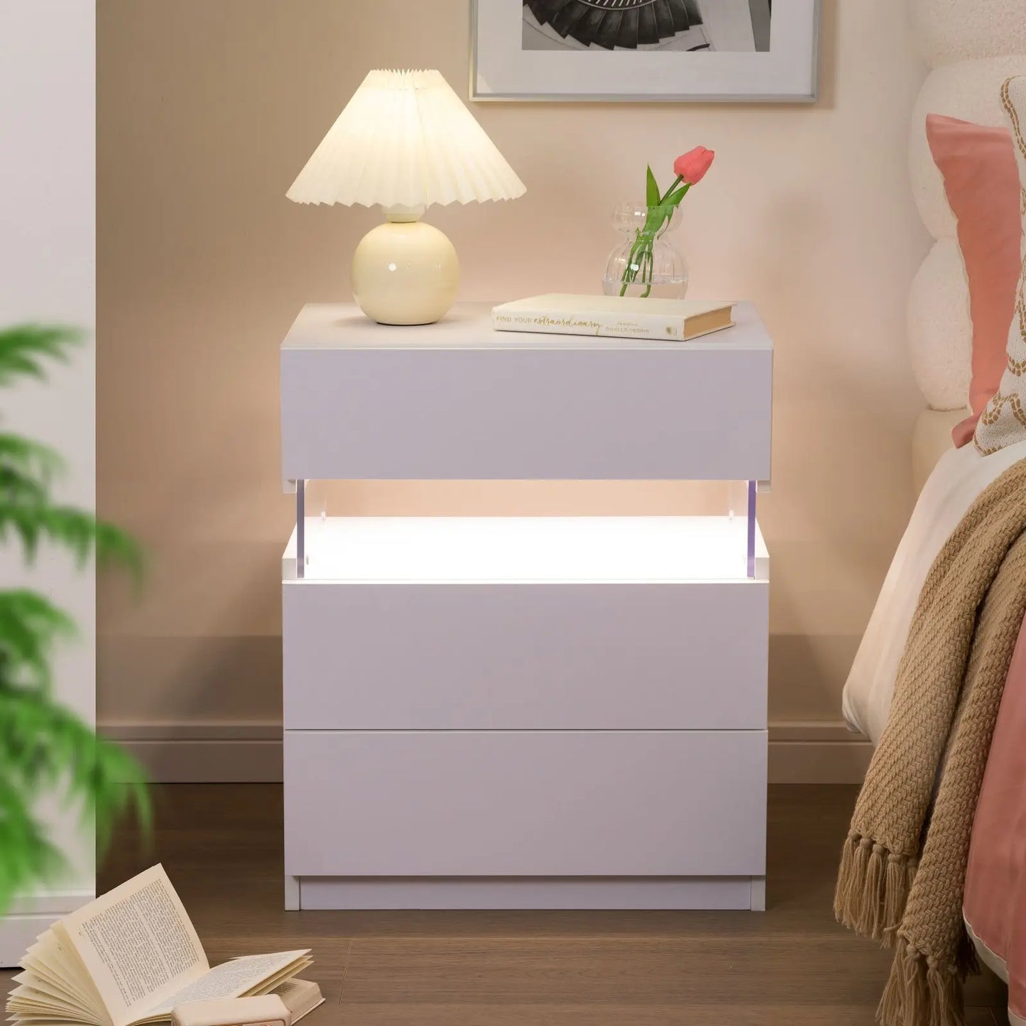 Bedside Tables Set with LED Lighting & 3 Drawers