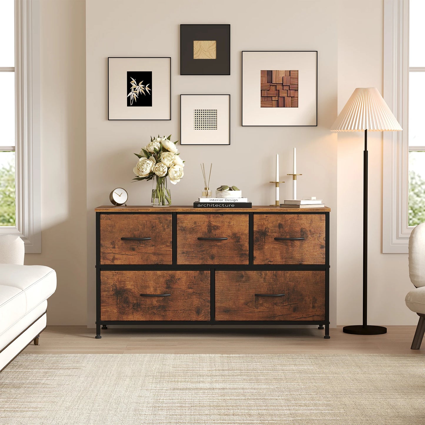 Wide Fabric Storage Tower with Wooden Top and Metal Frame