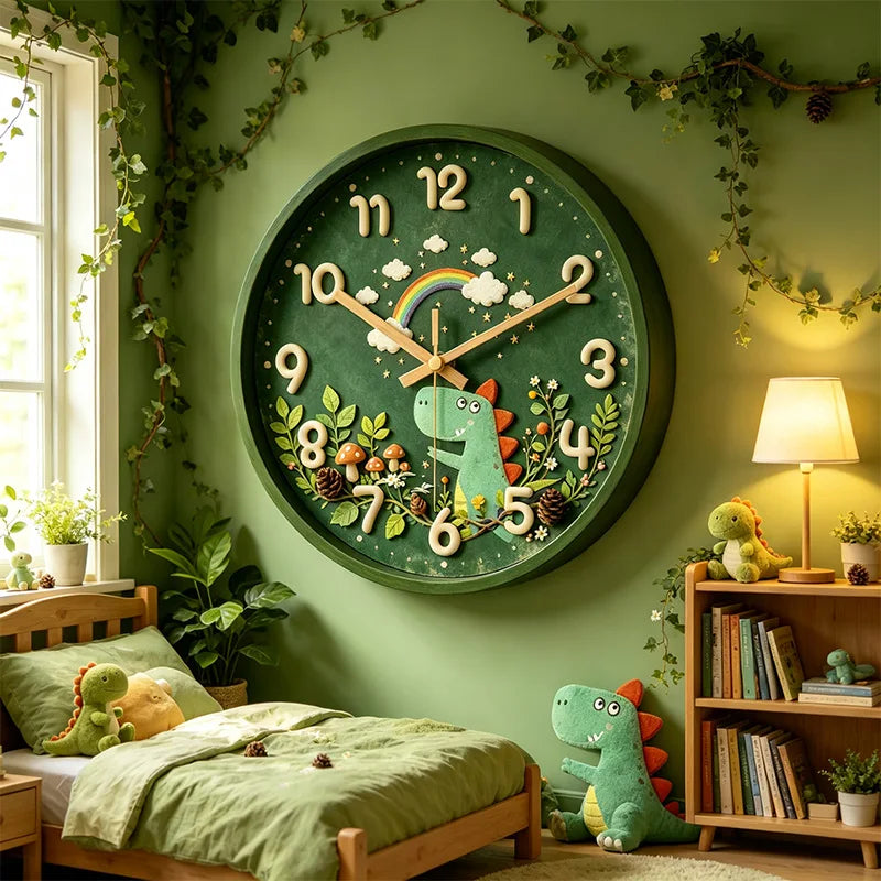 Silent, Non-Ticking Forest Dinosaur Rainbow Wall Clock