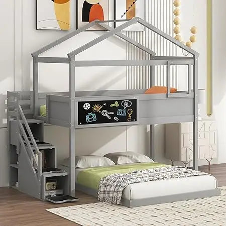 Stairway House Bunk Bed Frame with Storage and Guard Rail
