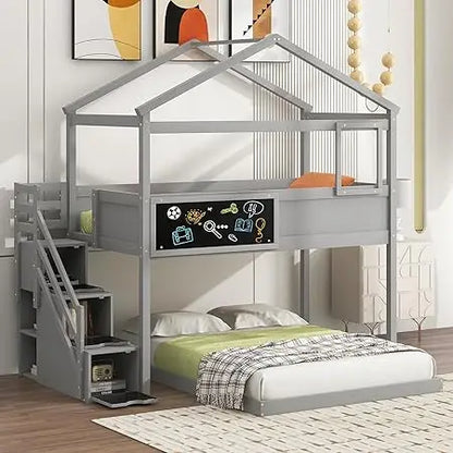 Stairway House Bunk Bed Frame with Storage and Guard Rail