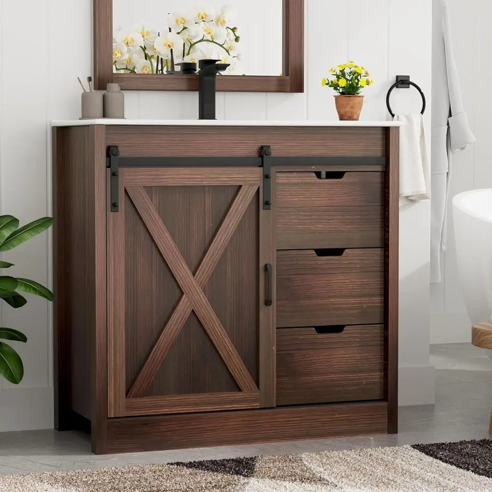 36” Farmhouse Bathroom Vanity Set with Sink, Faucet & Mirror