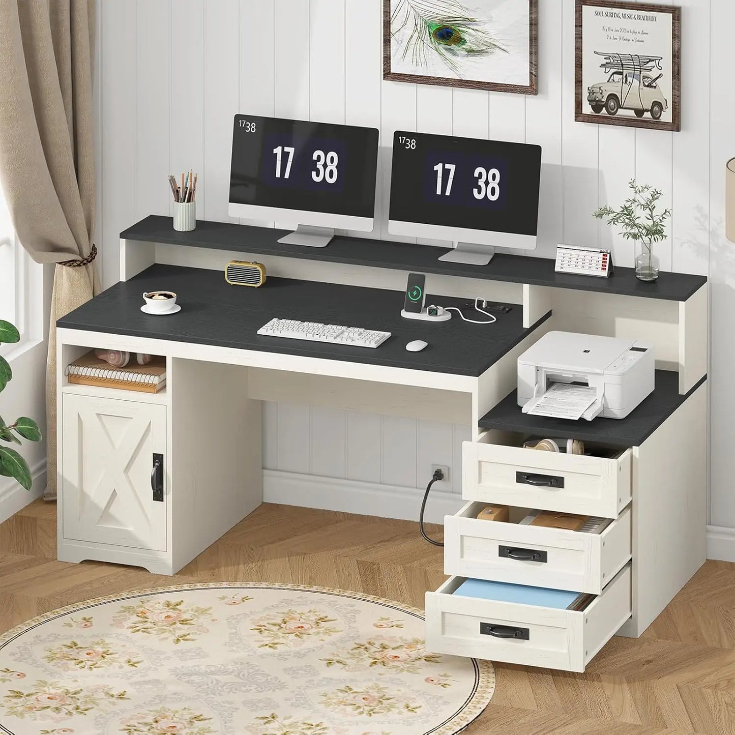 Computer Desk with Power Outlets & Storage Drawers