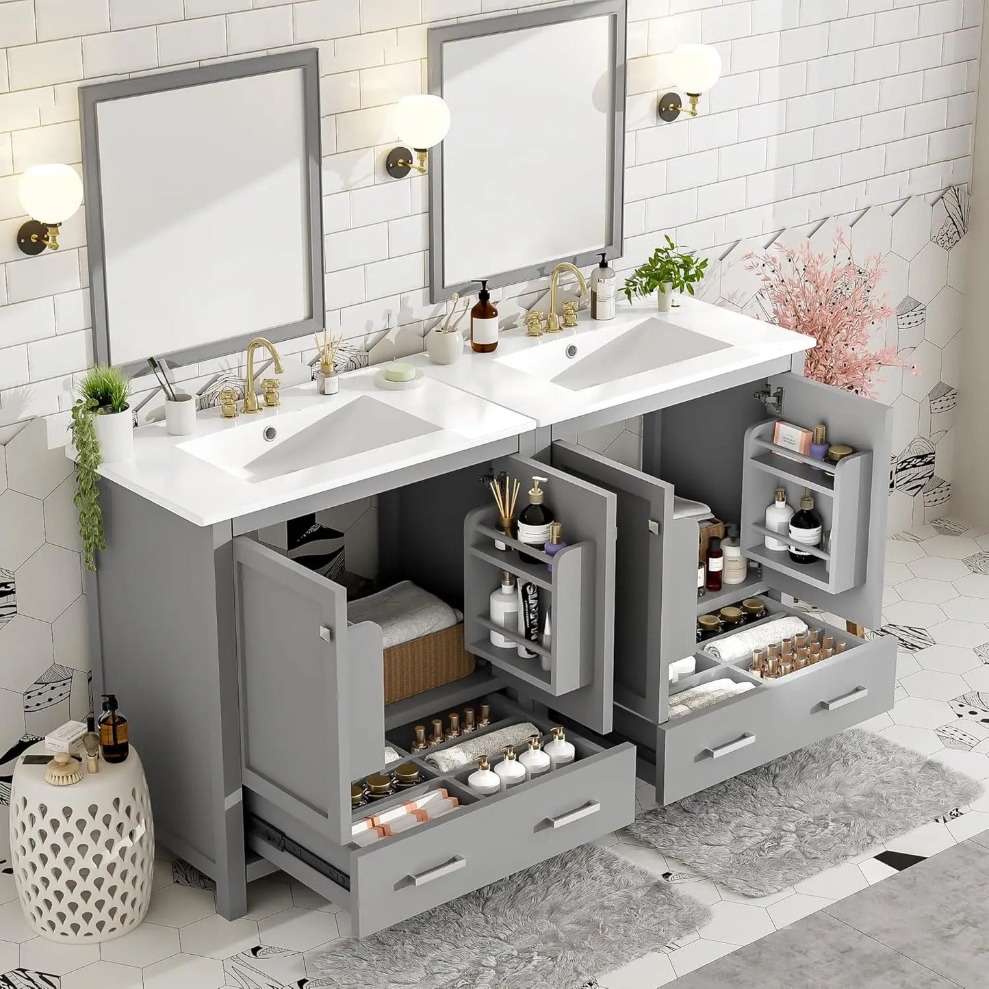 60" Solid Wood Double Sink Bathroom Vanity with Sink Top