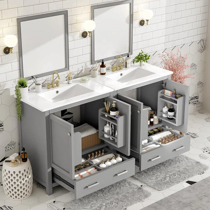 60" Solid Wood Double Sink Bathroom Vanity with Sink Top