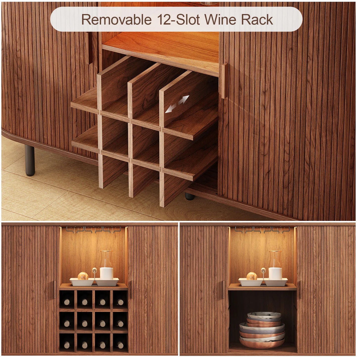 Wine Bar Cabinet w/ LED Light, Wine Rack & Glass Holder