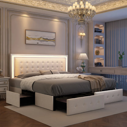 LED Bed Frame with 4 Storage Drawers & Upholstered Headboard