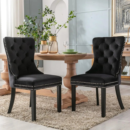Velvet Dining Chairs Set of 6 with Wood Legs and Pull Ring