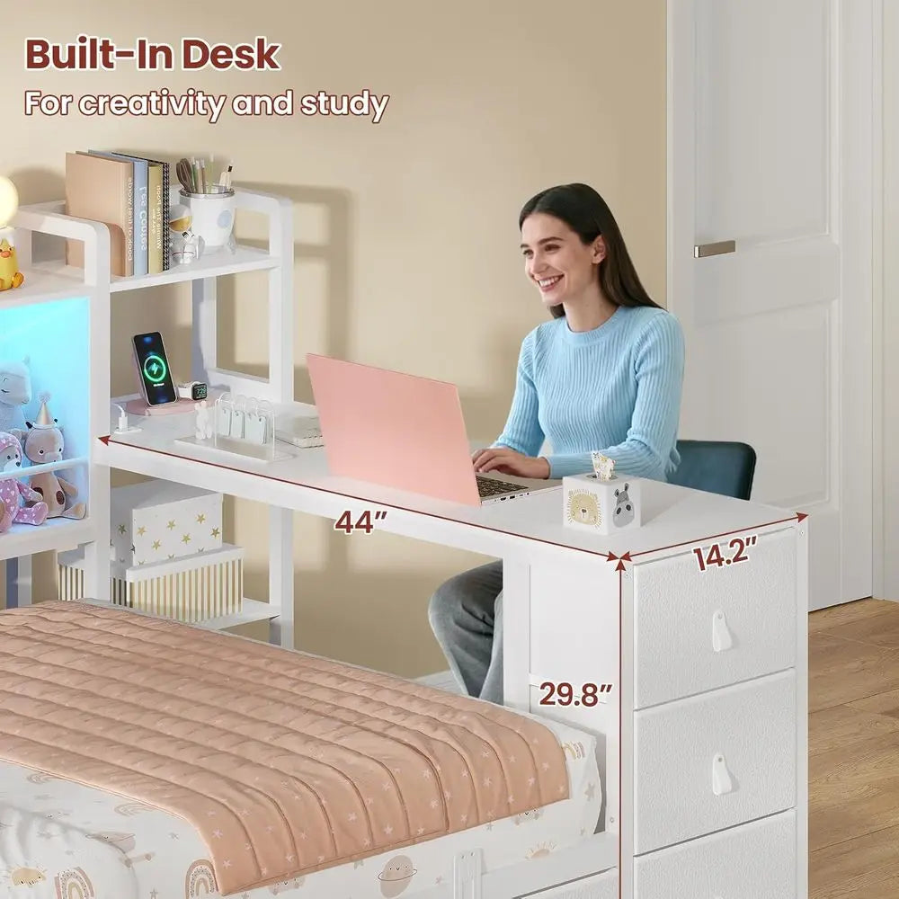 Twin Bed with Desk, Charging Station, Drawers & Bookcase