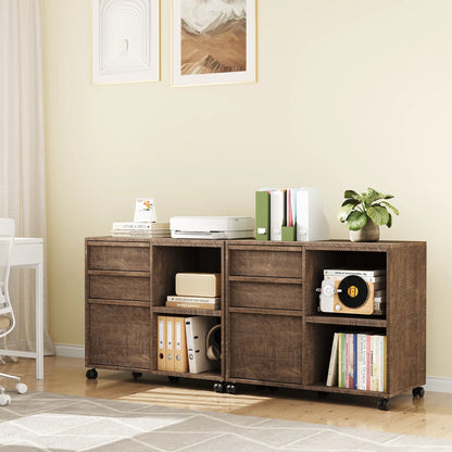 Rolling 3 Drawer Wood File Cabinet with Open Storage Shelves