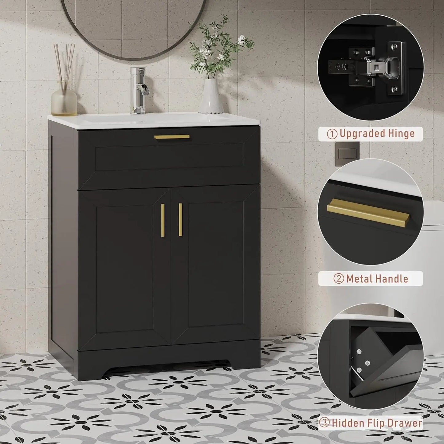 24 Inch Wooden Bathroom Vanity with Ceramic Sink