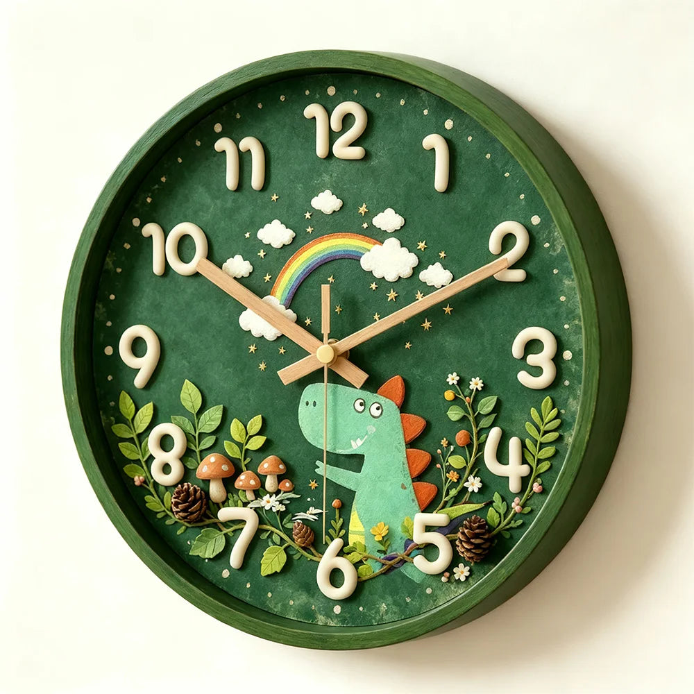 Silent, Non-Ticking Forest Dinosaur Rainbow Wall Clock