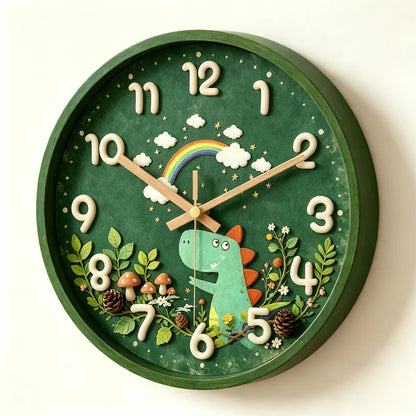 Silent, Non-Ticking Forest Dinosaur Rainbow Wall Clock