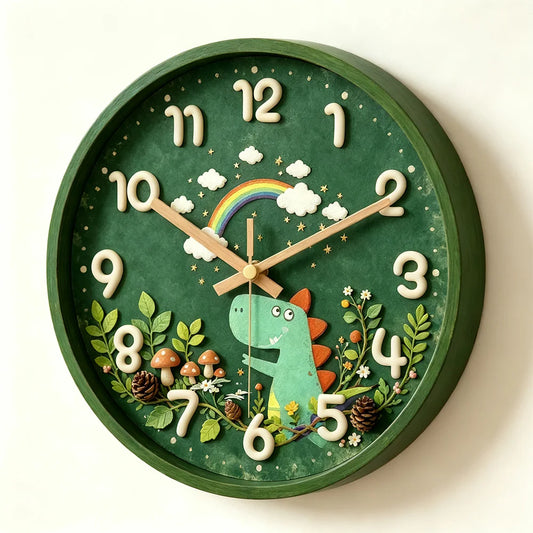 Silent, Non-Ticking Forest Dinosaur Rainbow Wall Clock