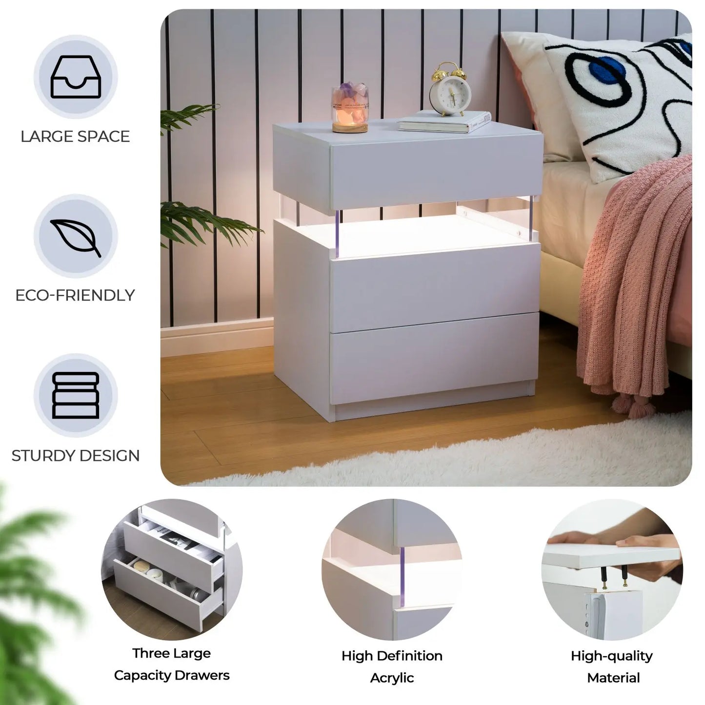 Bedside Tables Set with LED Lighting & 3 Drawers