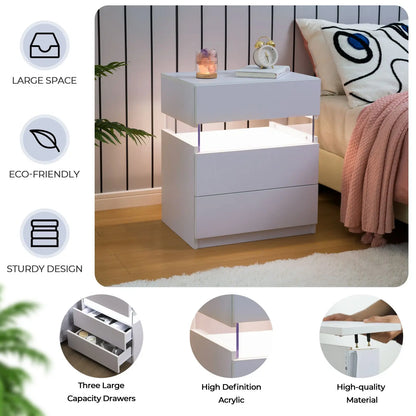 Bedside Tables Set with LED Lighting & 3 Drawers