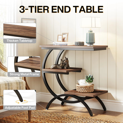 3-Tier, C-Shaped End Table with Storage Shelves