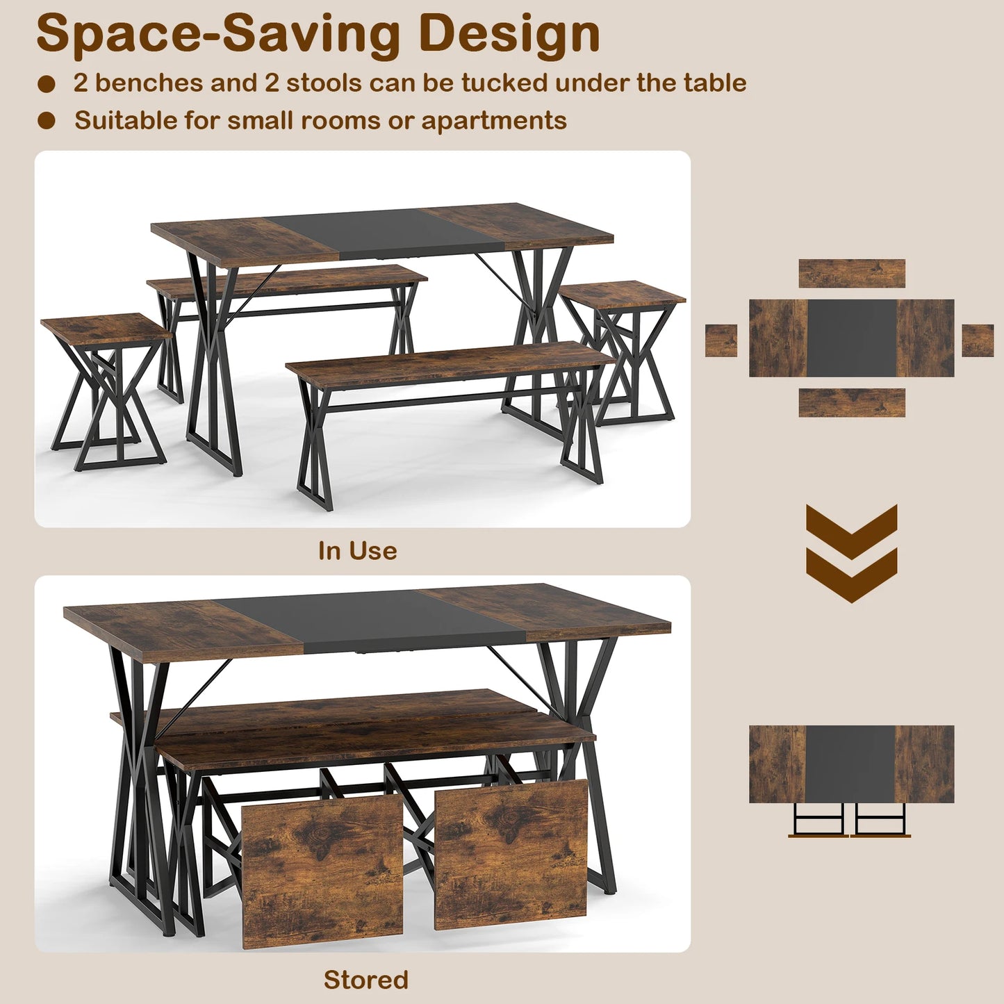 5-Piece Dining Room Set with 2 Benches & 2 Stools