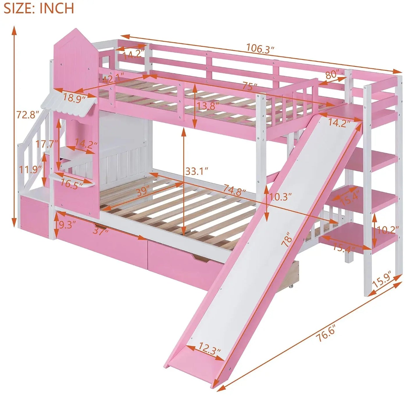 Castle Style Kids Bunk Bed with Stairs and Slide