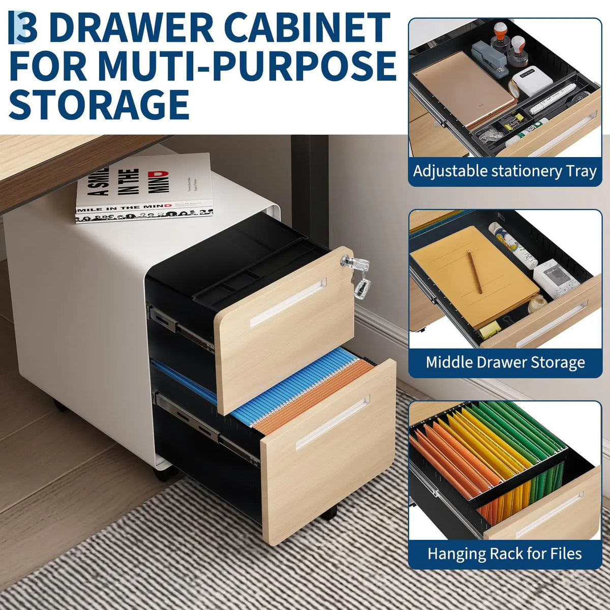 Locking 2-Drawer Metal Rolling Under Desk File Cabinet