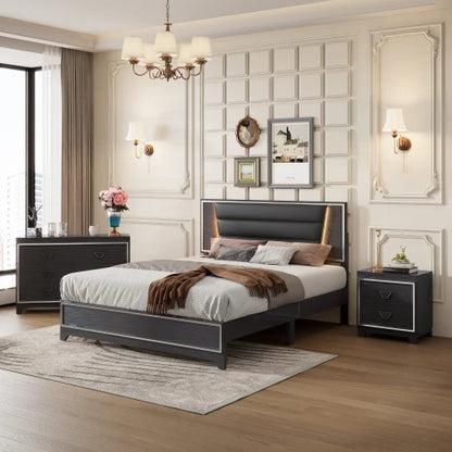 3 PCS Queen Bedroom Sets, Upholstered Bed, Nightstands & Dresser